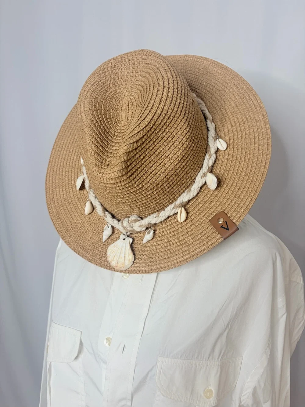 STATE Tan Braided Shell-Trim Straw Hat